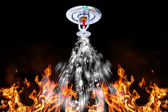 Fire sprinkler head active over flames — Kern County fire protection